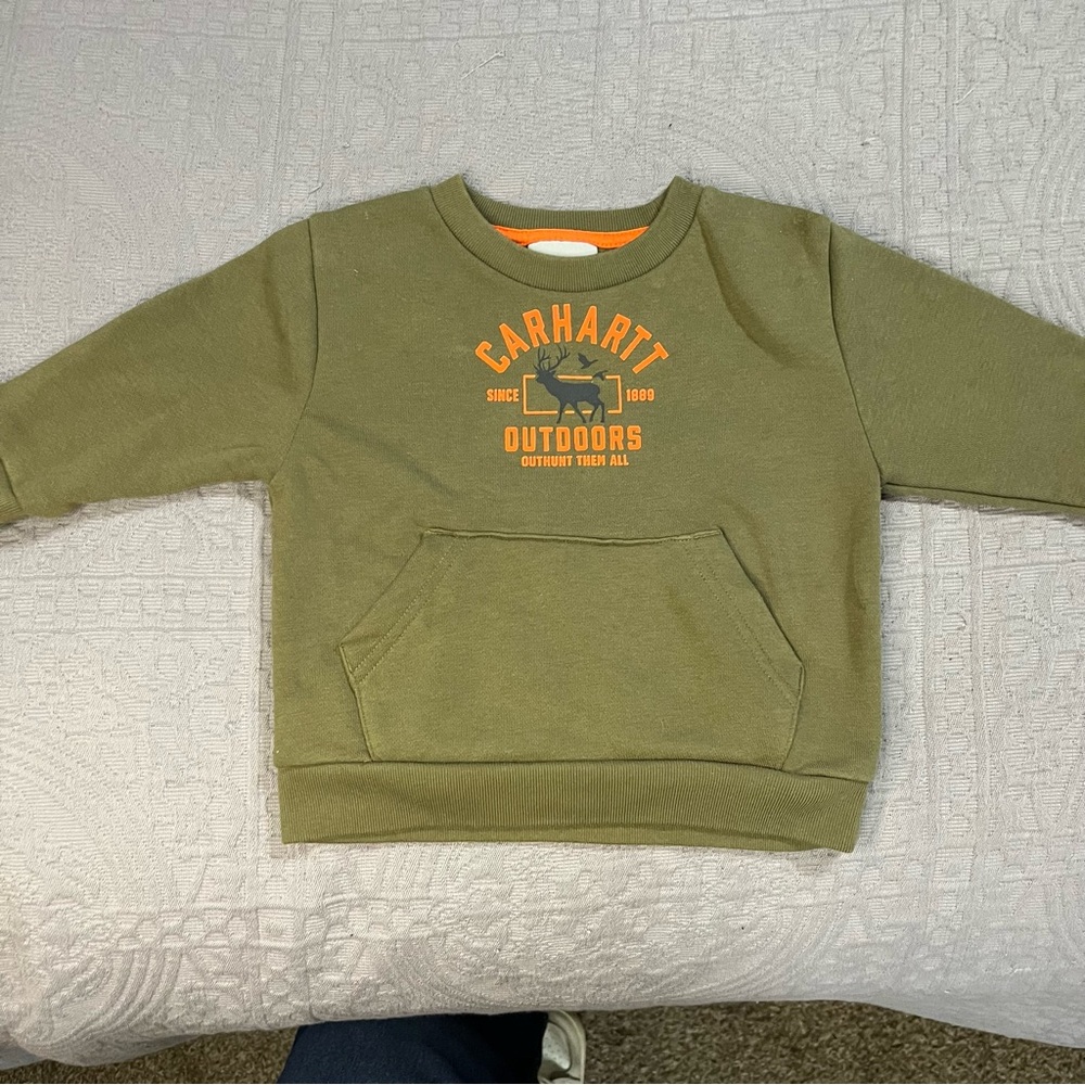 Carhartt Green olive SweatShirt with Vibrant Orange Logo outdoors deer 9 month